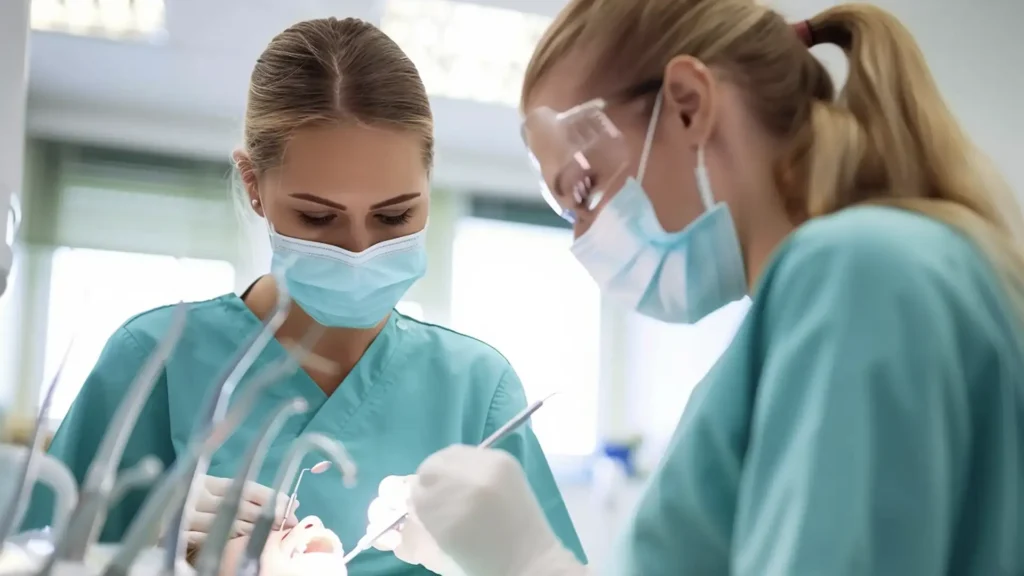 Zwei Zahnärztinnen oder medizinische Fachangestellte in türkisfarbener Arbeitskleidung führen eine Behandlung bei einem Patienten durch. Beide tragen Mundschutz und Handschuhe, eine zusätzlich eine Schutzbrille. Sie blicken konzentriert auf das Arbeitsfeld, das hell erleuchtet ist. Im Vordergrund sind schemenhaft zahnmedizinische Instrumente zu sehen.